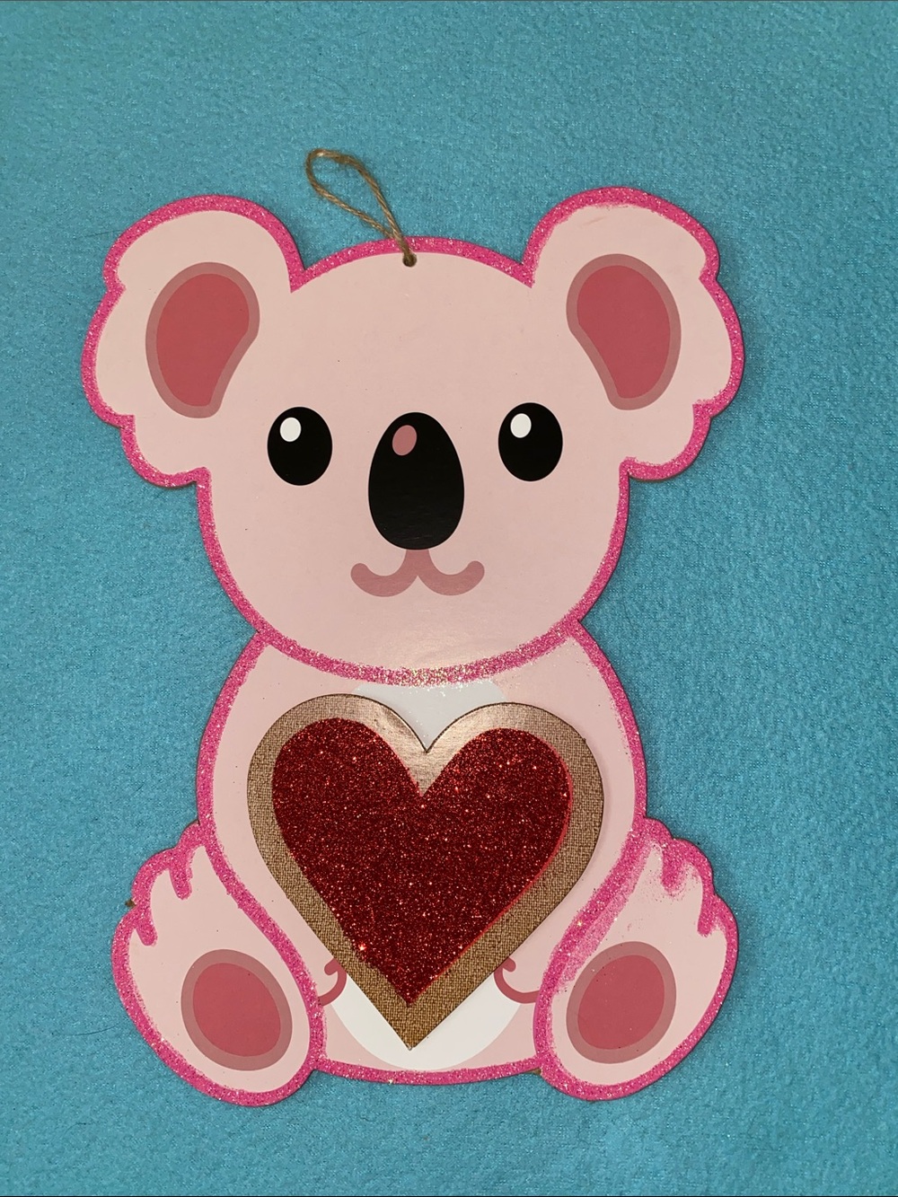 Pink Koala Wall Art with Red Glitter Heart Accent